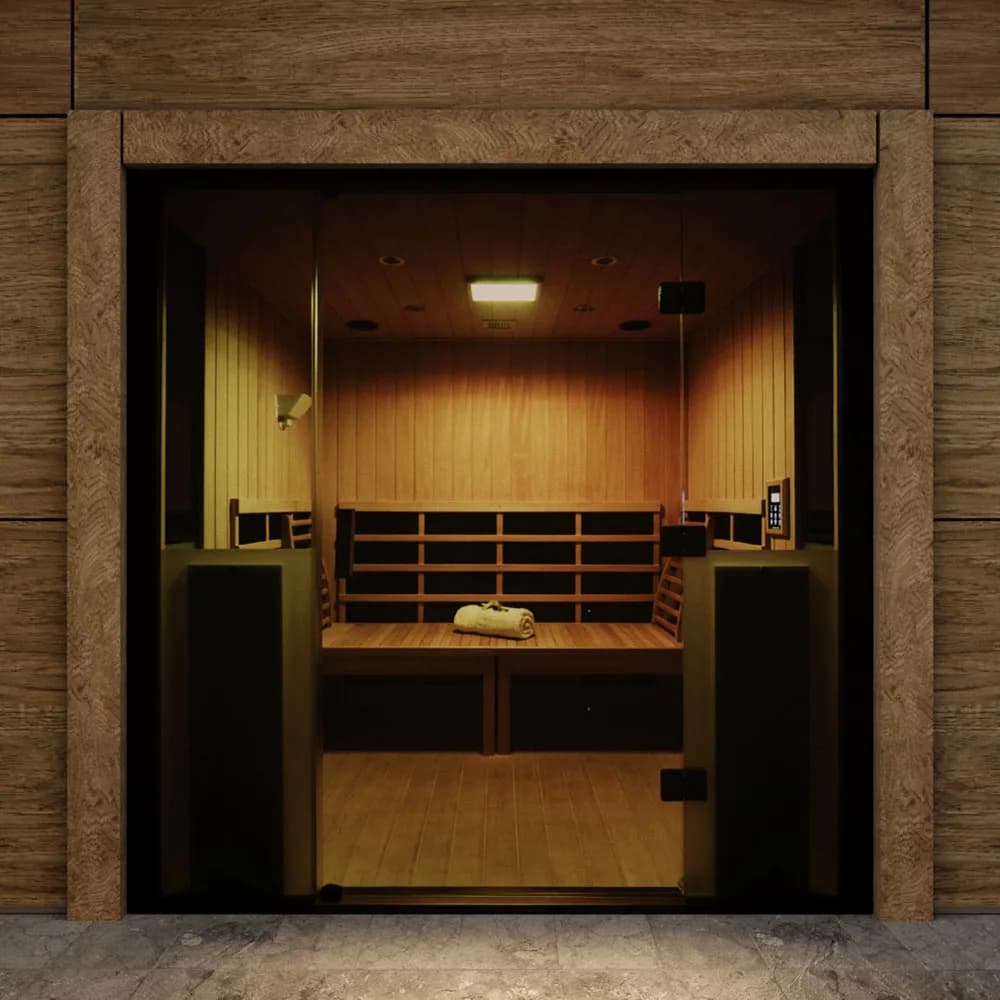 The HaloIR infrared sauna, built in with cedar benches and a rolled towel