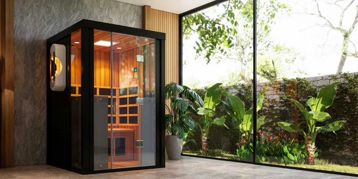 A HaloIR infrared sauna with glass doors and cedar benches