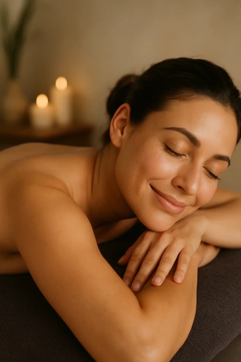Person laying on a table receiving a massage with candles in the background