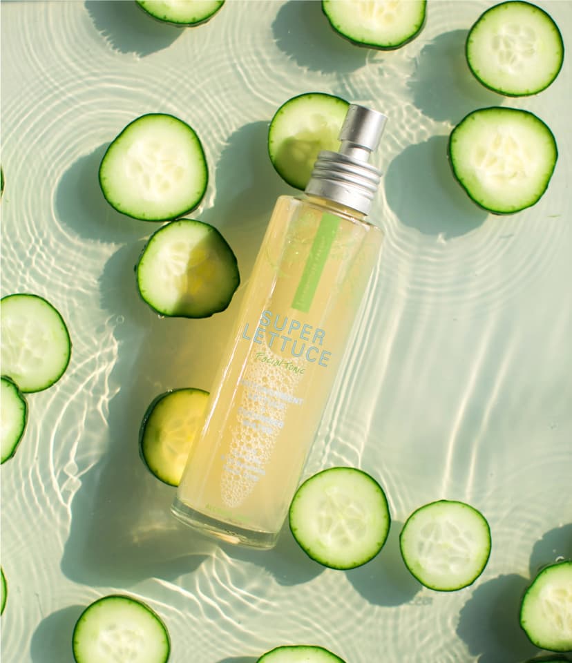 Super-Lettuce product in a pool of water and cucumbers